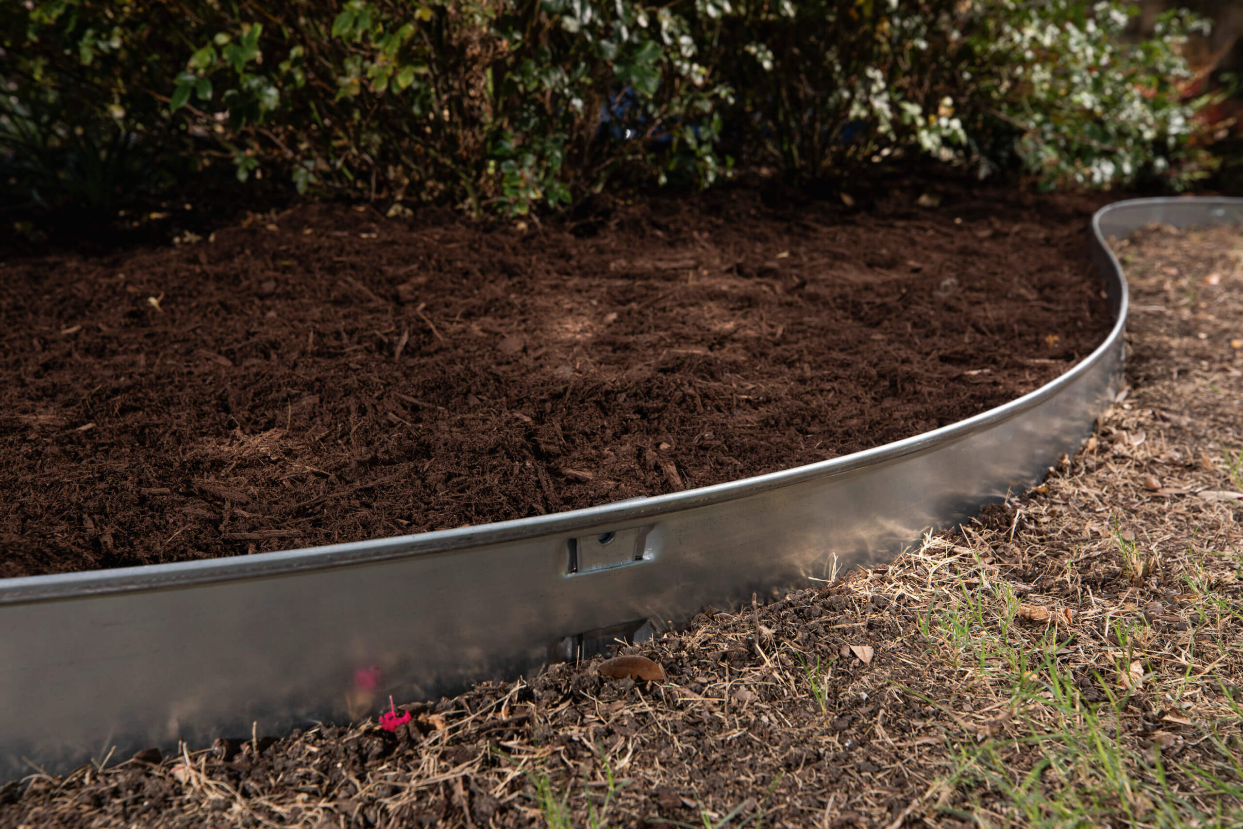 Classic Roll-Top Steel Edging between mulch and grass